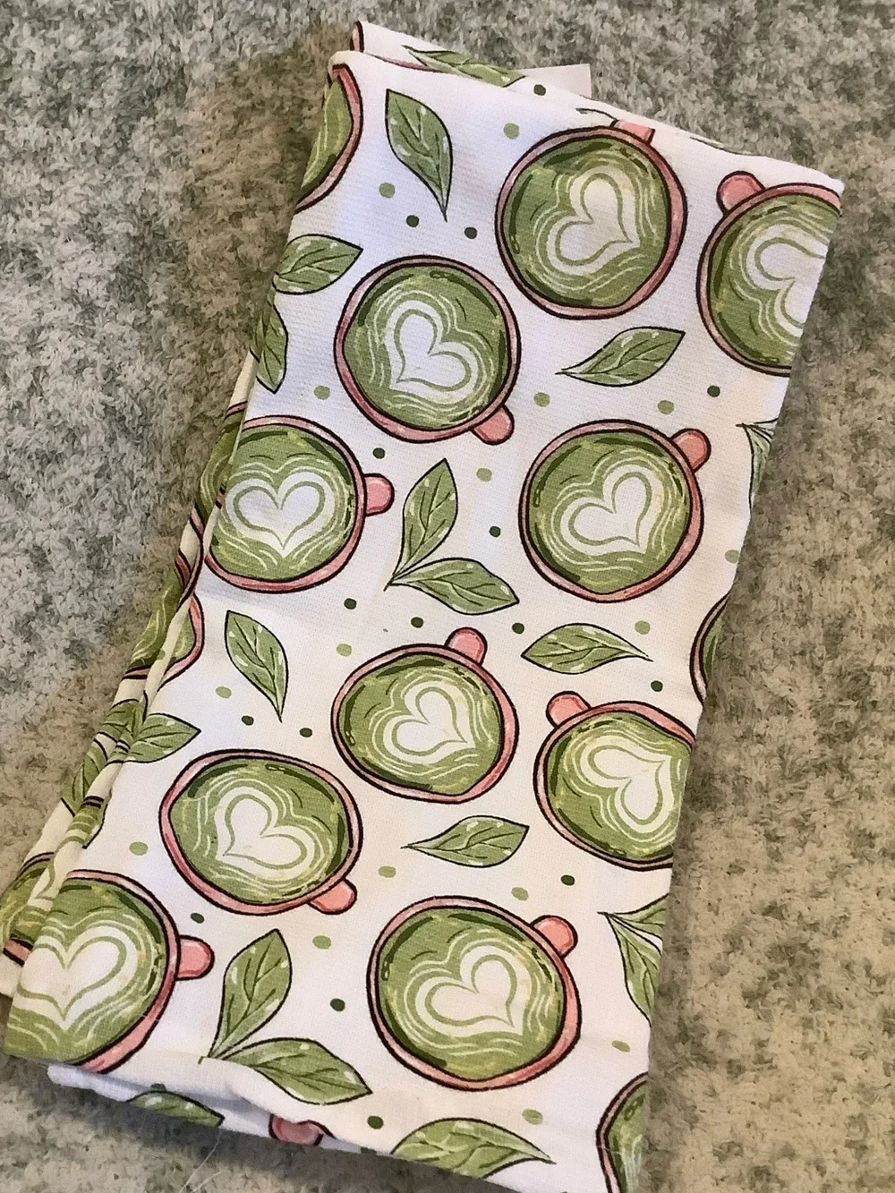 Bliss Green and Pink Matcha Latte Drinks Kitchen Towels Set of Two NWT Cotton